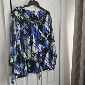 Alfani Blue, Green & White Abstract Beaded-Neck Tunic Sz 3X